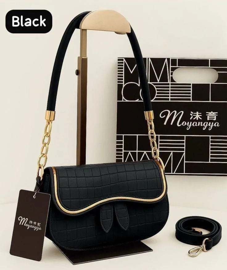 Elegant Croc-Textured Shoulder & Crossbody Handbag for Women – Black with Gold Chain Strap True Point
