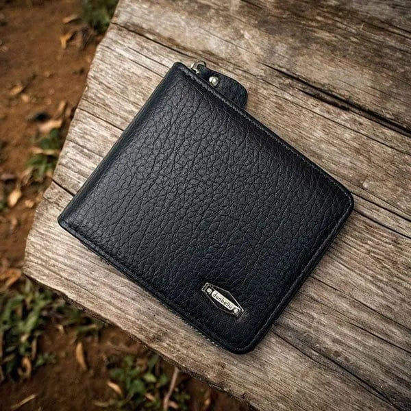 Black Leather Wallet for Men with Zipper Closure True Point