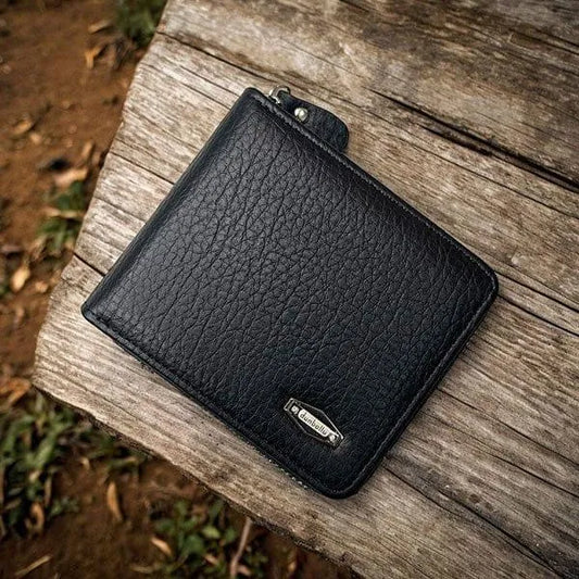 Black Leather Wallet for Men with Zipper Closure True Point