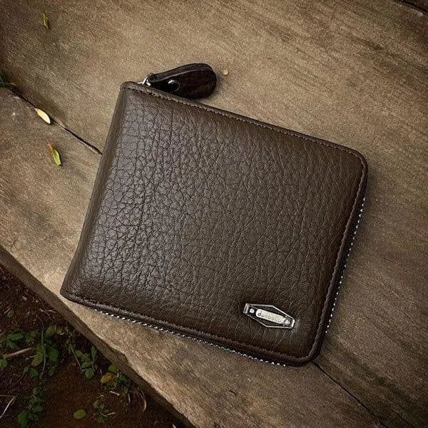 Black Leather Wallet for Men with Zipper Closure True Point
