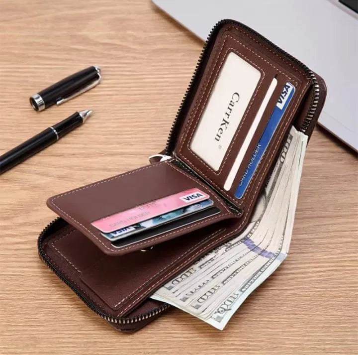 Black Leather Wallet for Men with Zipper Closure True Point