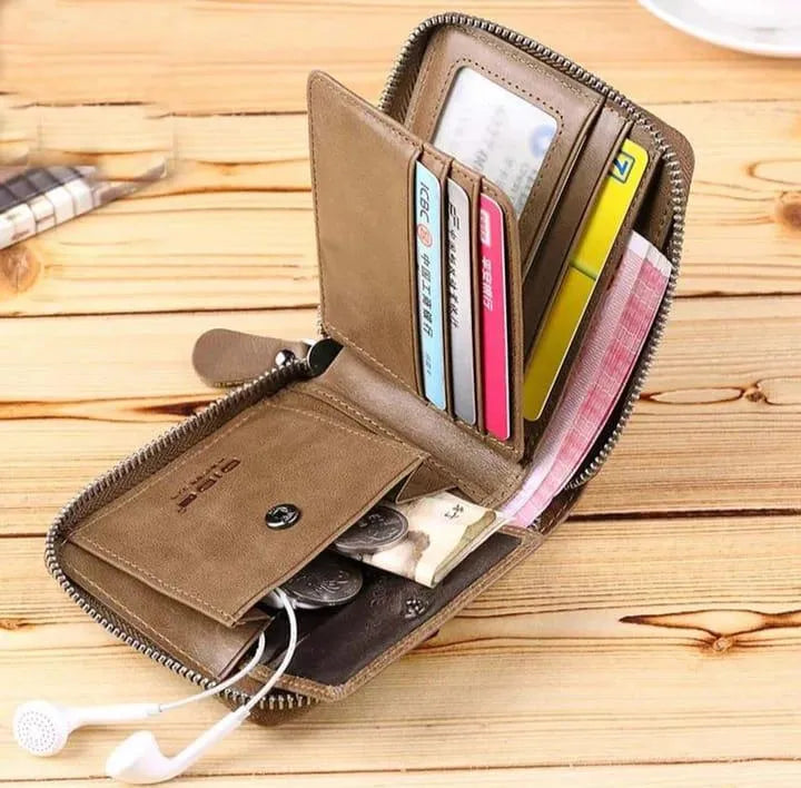 Black Leather Wallet for Men with Zipper Closure True Point