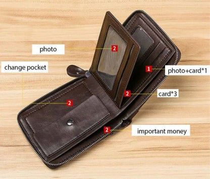 Black Leather Wallet for Men with Zipper Closure True Point