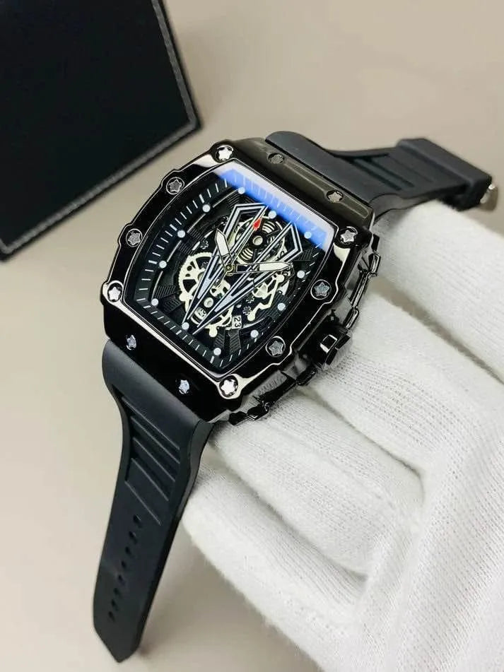 Richard Black Belt Skeleton Watch Black Rubber Strap True Point