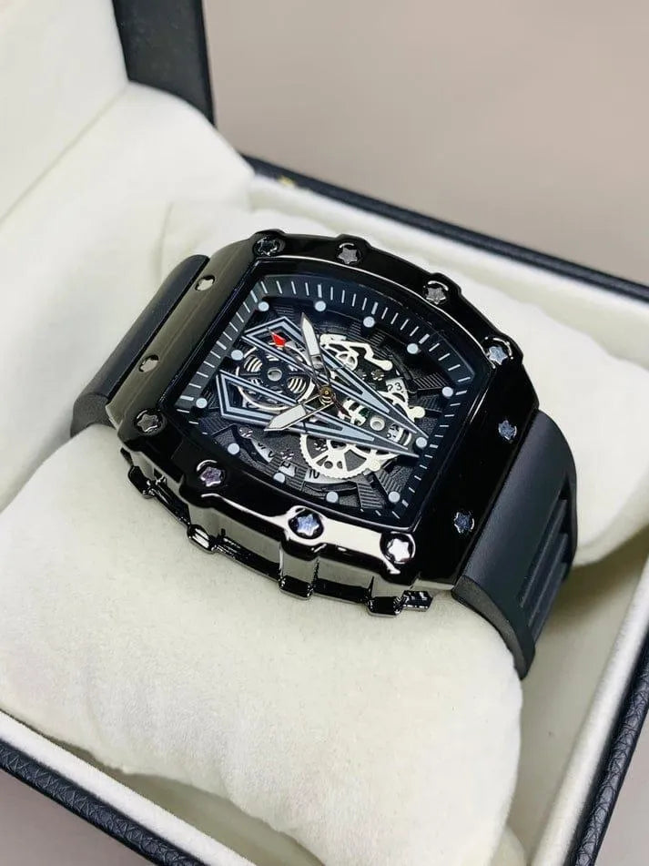 Richard Black Belt Skeleton Watch Black Rubber Strap True Point
