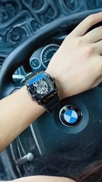 Richard Black Belt Skeleton Watch Black Rubber Strap True Point