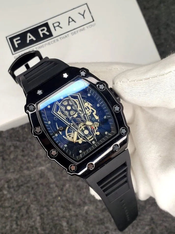 Richard Black Belt Skeleton Watch Black Rubber Strap True Point