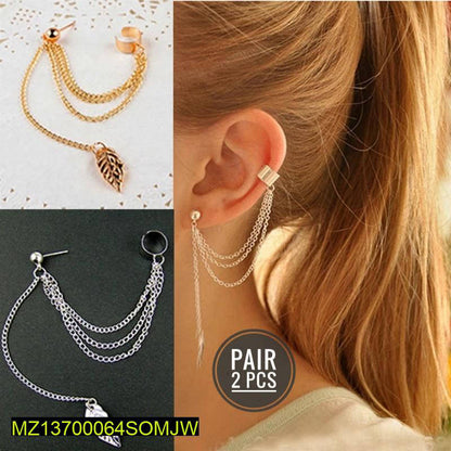 Gold Silver Leaf Chain Ear Cuff Earrings Pair 2PCS True Point