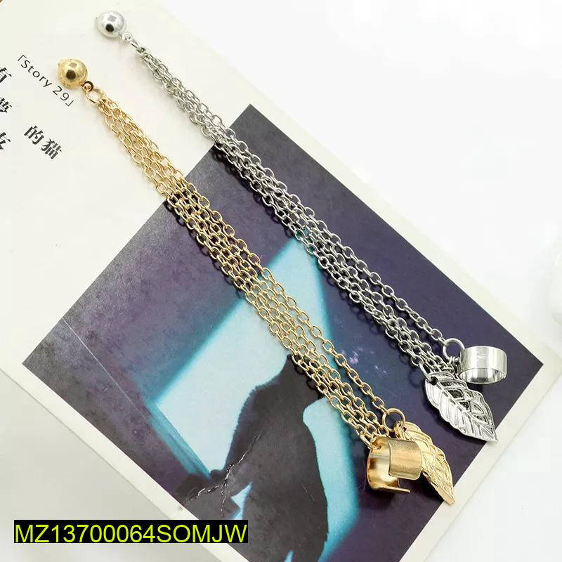 Gold Silver Leaf Chain Ear Cuff Earrings Pair 2PCS True Point
