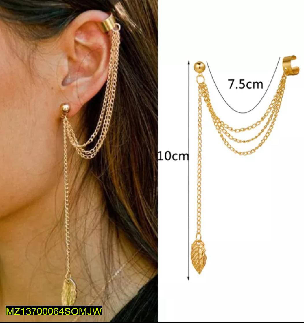 Gold Silver Leaf Chain Ear Cuff Earrings Pair 2PCS True Point