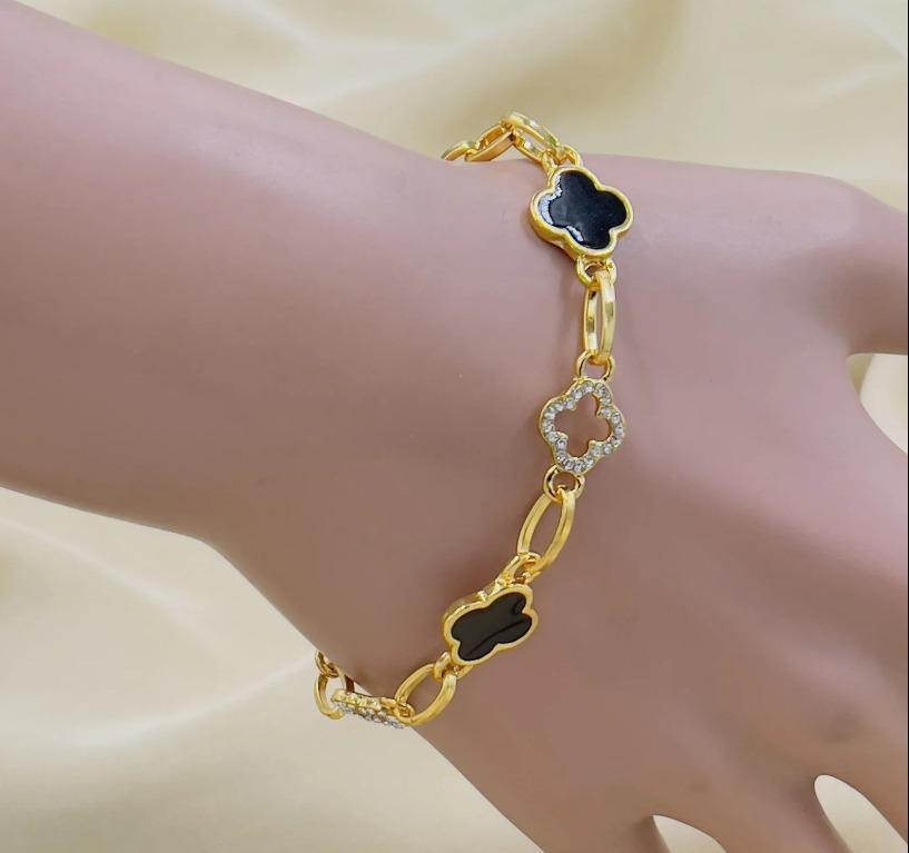 Gold Plated Clover Bracelet Black Crystal for Women True Point