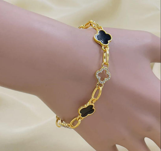 Gold Plated Clover Bracelet Black Crystal for Women True Point