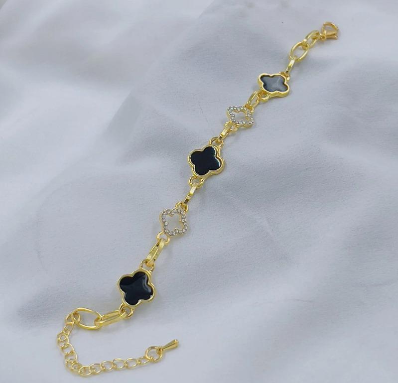Gold Plated Clover Bracelet Black Crystal for Women True Point